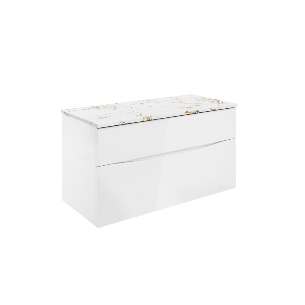 Product Cut out image of the Crosswater Glide II White Gloss 1000mm Double Drawer Unit with Gold Vein Worktop